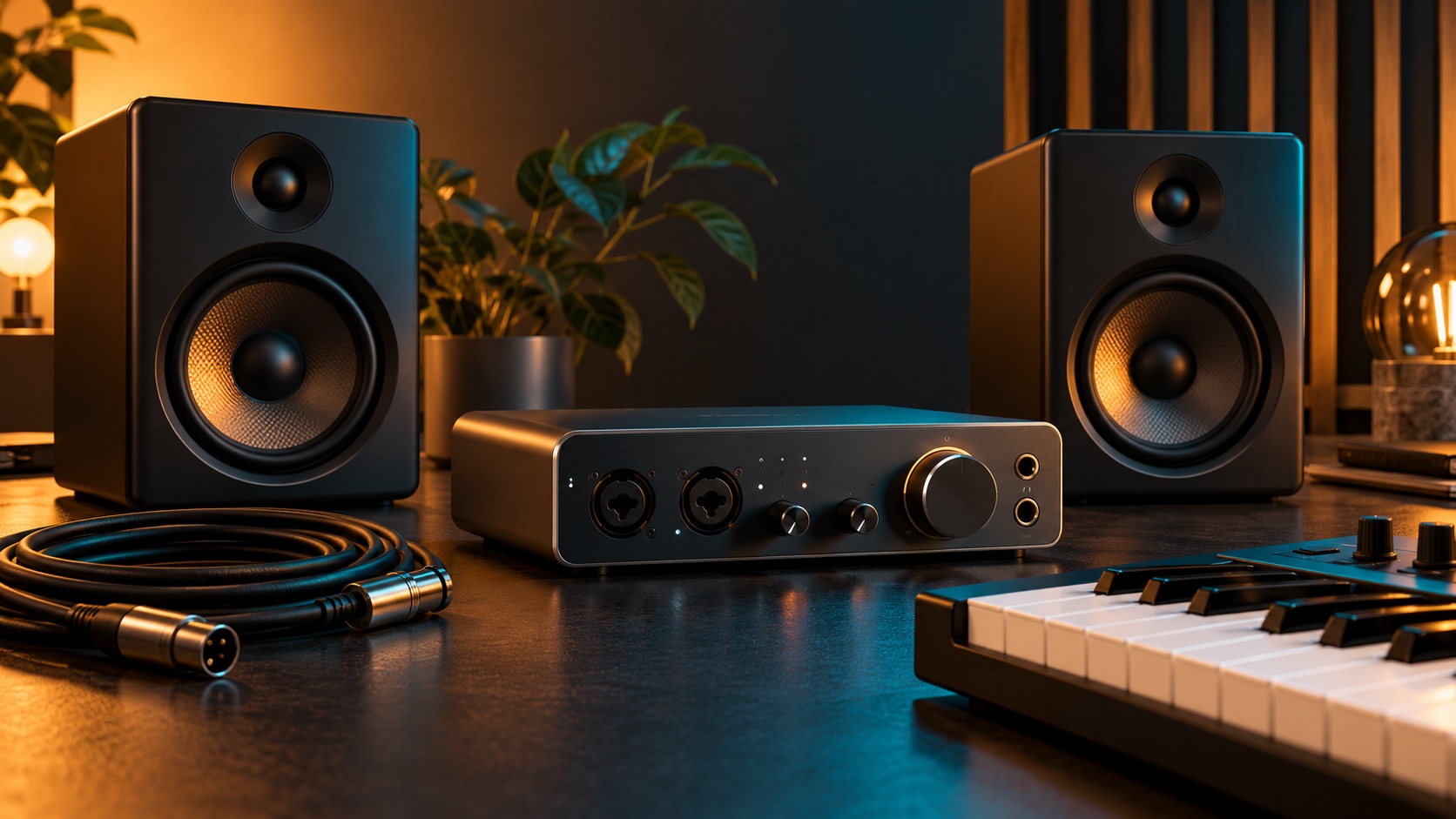 Conceptual illustration of studio monitors, an audio interface and keyboard